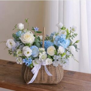 Giỏ hoa chúc mừng tông xanh pastel mẫu G08 Hoa khai trương để bàn